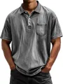 Detailed close-up of dark grey acid wash cotton polo shirt with chest pocket and buttons - S / Tops / Gray