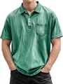 Close-up of vintage washed green men's cotton polo shirt with white buttons and chest pocket - Green