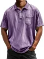 Detail of vintage washed purple cotton polo shirt showing chest pocket and buttoned lapel - Purple