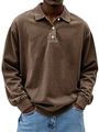 Men's washed dark brown long sleeve polo shirt with classic three-button placket - S / Dark Brown