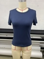 Detail of slim fit navy blue crew neck T-shirt fabric texture and neckline stitching - S / Tops / Navy Blue