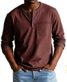 Detailed close-up of dark wine red cotton Henley shirt featuring textured fabric and buttons - Red