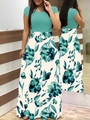 Maxikleid mit blauem Kurzarm-Oberteil und Blumendruck-Rock, Vorder- und Rückansicht - S / T-Shirts / Seeblau (8899)