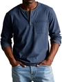 Detail of navy blue washed cotton shirt showing three-button henley neck and chest pocket - Navy Blue