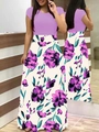 Damen Maxikleid mit lila Kurzarm-Oberteil und geblümtem Rock im modischen Stil - Kurzärmeliges Hemd Komplett Lila 8899 / S
