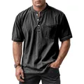 Camiseta Henley de hombre en algodón negro lavado vintage con tapeta de botones y bolsillo - S / Tops / Negro
