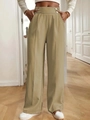High-waisted khaki wide-leg trousers with elegant drape and double button waist detail - S / Khaki