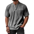 Camiseta Henley vintage para hombre de manga corta con lavado ácido y bolsillo frontal - S / Tops / Gris