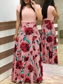 Robe longue rose à manches courtes ajustée avec une jupe à fleurs à taille haute - S / Hauts / Rose (Manches Courtes)