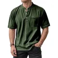 Herren Vintage Henley Shirt in Armeegrün mit Knopfkragen und aufgesetzter Tasche - Armeegrün
