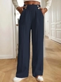 High-waist wide-leg navy pants with golden buttons and front pleats for women - S / Navy Blue