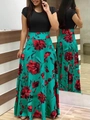 Robe longue pour femme avec haut noir et jupe verte à imprimé floral rouge - S / Hauts / Vert & Noir (Manches Courtes)