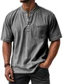 Men's vintage washed dark grey Henley shirt with short sleeves and chest pocket - Gray