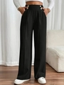 Women's black wide-leg trousers with high waist and golden decorative side buttons - S / Black