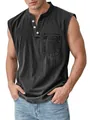 Polo henley sin mangas para hombre gris oscuro con cuello de tres botones y bolsillo - S / Negro