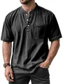 Men's short sleeve charcoal grey Henley shirt with three buttons and chest pocket - Black