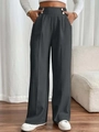 Dark grey high-waisted wide-leg trousers with elegant gold button accents - S / Dark Gray