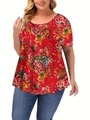 Dettaglio di un top estivo taglie forti con vivace stampa floreale rossa e orlo ampio - 1XL / Rosso