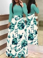 Robe longue ajustée à manches longues turquoise et beige avec jupon à fleurs - S / Hauts / Tout Vert (Manches Longues)