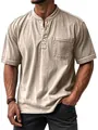 Men's khaki short sleeve Henley shirt with buttoned neck and chest pocket - Khaki