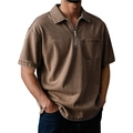 Men's vintage washed cotton polo shirt in dark brown with zipper collar and chest pocket - 3XL / Brown
