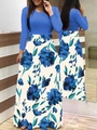 Robe longue femme à manches longues avec haut bleu et jupe à grand imprimé fleuri - S / Hauts / Bleu