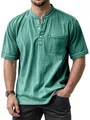 Men's vintage washed green Henley shirt with short sleeves and front chest pocket - Green