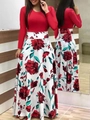 Robe ajustée à manches longues avec haut rouge et jupe longue à imprimé floral - S / Hauts / Rouge