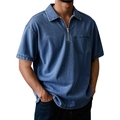 Men's blue denim short sleeve polo shirt with half-zip collar and chest pocket - 3XL / Dark Blue