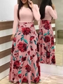 Robe élégante rose clair à manches longues avec jupe à imprimé floral taille haute pour femme - S / Hauts / Rose