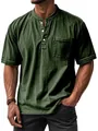 Men's dark green short sleeve Henley shirt with chest pocket and buttoned round neck - Army Green