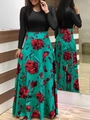 Robe longue femme à manches longues avec haut noir et jupe bleue fleurie - S / Hauts / Noir Vert