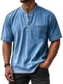 Light blue wash Henley shirt for men with short sleeves and a single chest pocket - Blue