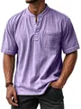 Men's casual lavender wash short sleeve Henley shirt with chest pocket and buttons - Purple
