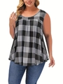 Detail of plus size plaid tank top with pleated A-line hem and soft buffalo check pattern - Gray