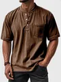 Men's slim fit short sleeve Henley shirt in brown washed fabric with pocket and white buttons - Brown