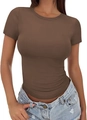 Slim fit women's brown short sleeve T-shirt with crew neck for a sleek summer look - S / Coffee