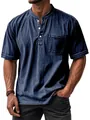 Men's vintage Henley neck short sleeve polo shirt with chest pocket in washed denim blue - Dark Blue