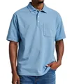 Détail d'un polo homme bleu fumé en coton avec col classique et une poche sur la poitrine - S / Rose bonbon