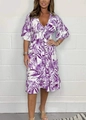 Detail of V-neck white dress with purple tropical leaf print and elastic smocked waist - Purple