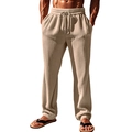 Men's vertical ribbed wide-leg casual pants in beige with drawstring elastic waist - S / Bottoms / Khaki