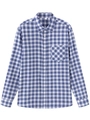 Detailansicht des blau karierten Herrenhemds mit Button-Down-Kragen und Brusttasche - S / Marineblau