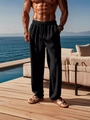 Men's casual black vertical pleated wide leg pants with comfortable drawstring waist - S / Black