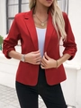 Detailed view of women's red blazer featuring stylish ruched three-quarter sleeves - S / Tops / Red