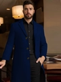 Slim fit men's dark blue long coat with three amber buttons and notched lapel - XS / Navy Blue