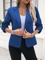 Detail of three-quarter ruched sleeves on a royal blue slim fit business blazer for women - Blue