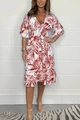 Summer V-neck floral dress with red tropical leaf print and elastic high waist design - Pink