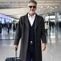 Men's slim fit charcoal double-breasted wool trench coat with classic notch lapels - XS / Black
