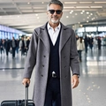 Slim fit double-breasted grey wool trench coat for men shown in a business travel scene - XS / Dark Gray