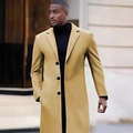 Elegant men's long yellow wool coat with notch lapel and classic three-button design - XS / Khaki